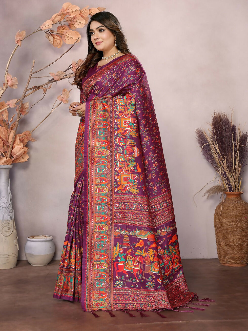 Joban Fashion Wine Meena Weaves Pashmina Sarees