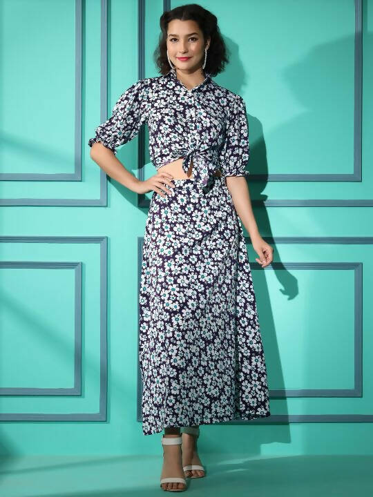 Purple Crepe Floral Printed Top with Matching Skirt - Shivani
