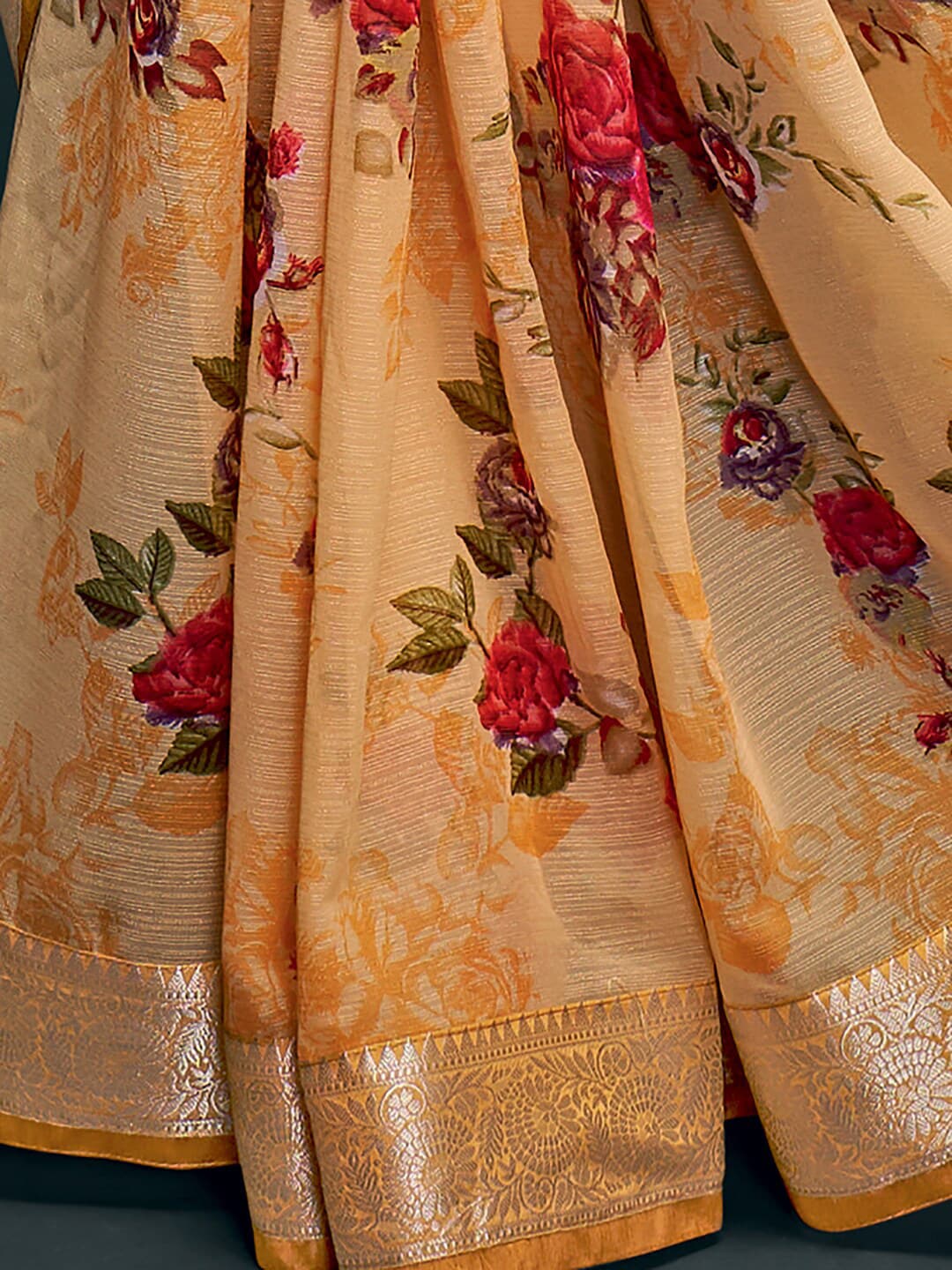 Saree Mall Yellow & Gold-Toned Floral Pure Georgette Banarasi Saree