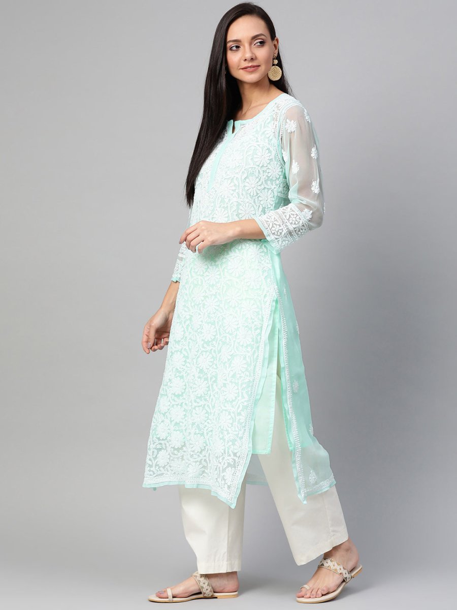 ADA Women Sea Green & White Chikankari Hand Embroidered Straight Sustainable Handloom Kurta