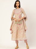 HERE&NOW Women Pink Floral Printed Angrakha Pure Cotton Kurta with Trousers & With Dupatta