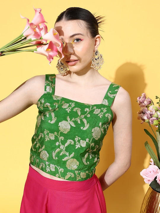 InWeave Women's Green Brocade Strappy Top W Fuchsia Green Brocade Palazzo Set