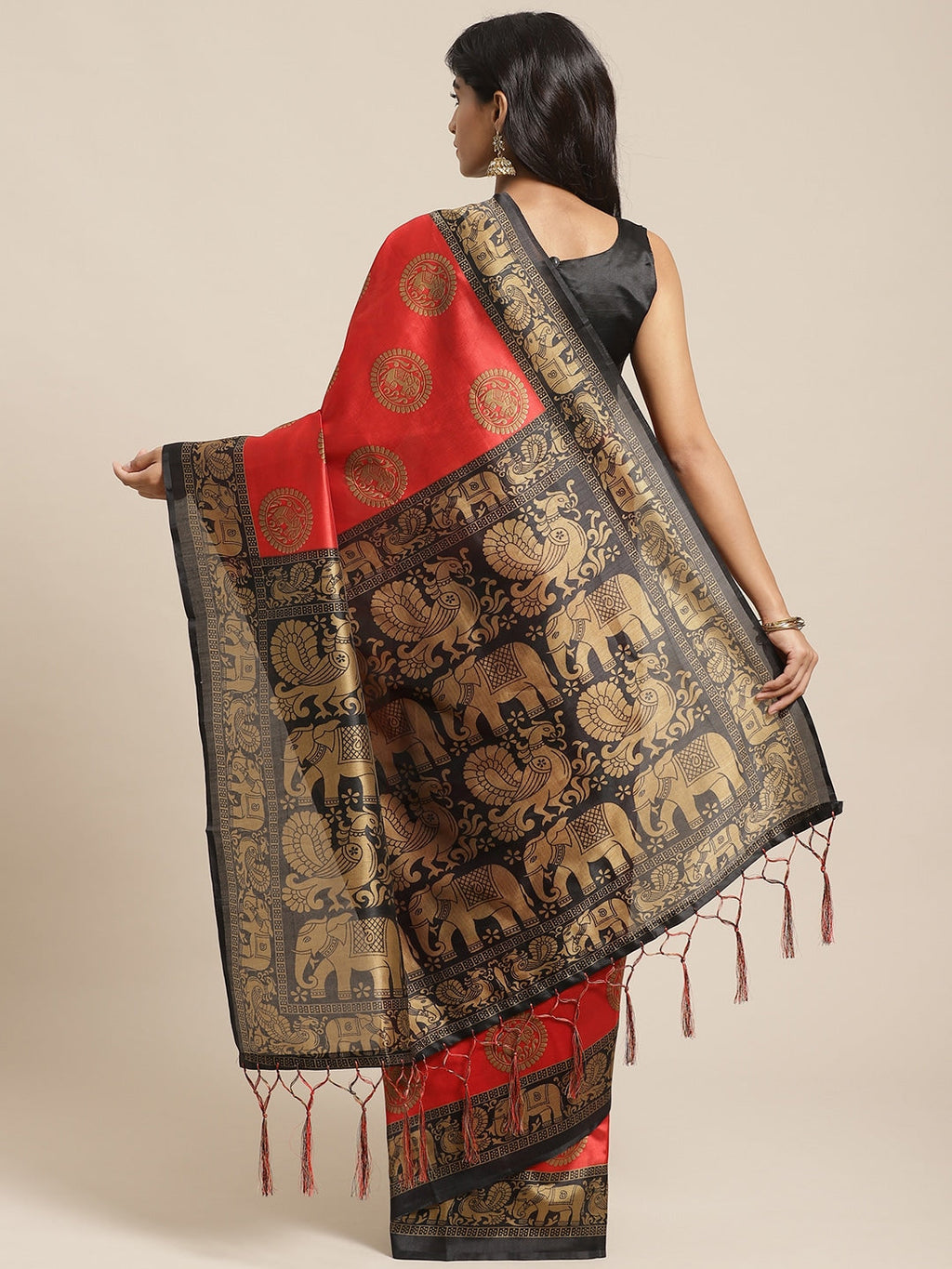 Saree Mall Red & Beige Printed Bhagalpuri Saree