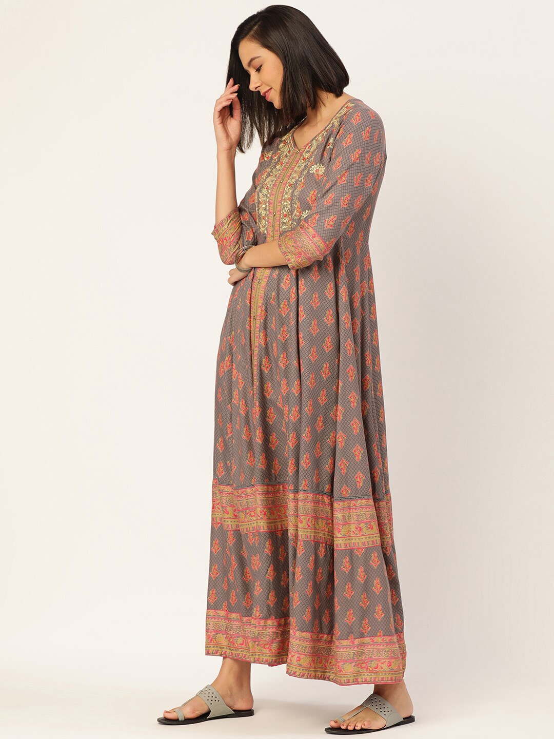 HERE&NOW Women Grey Ethnic Motifs Printed Kurta Set