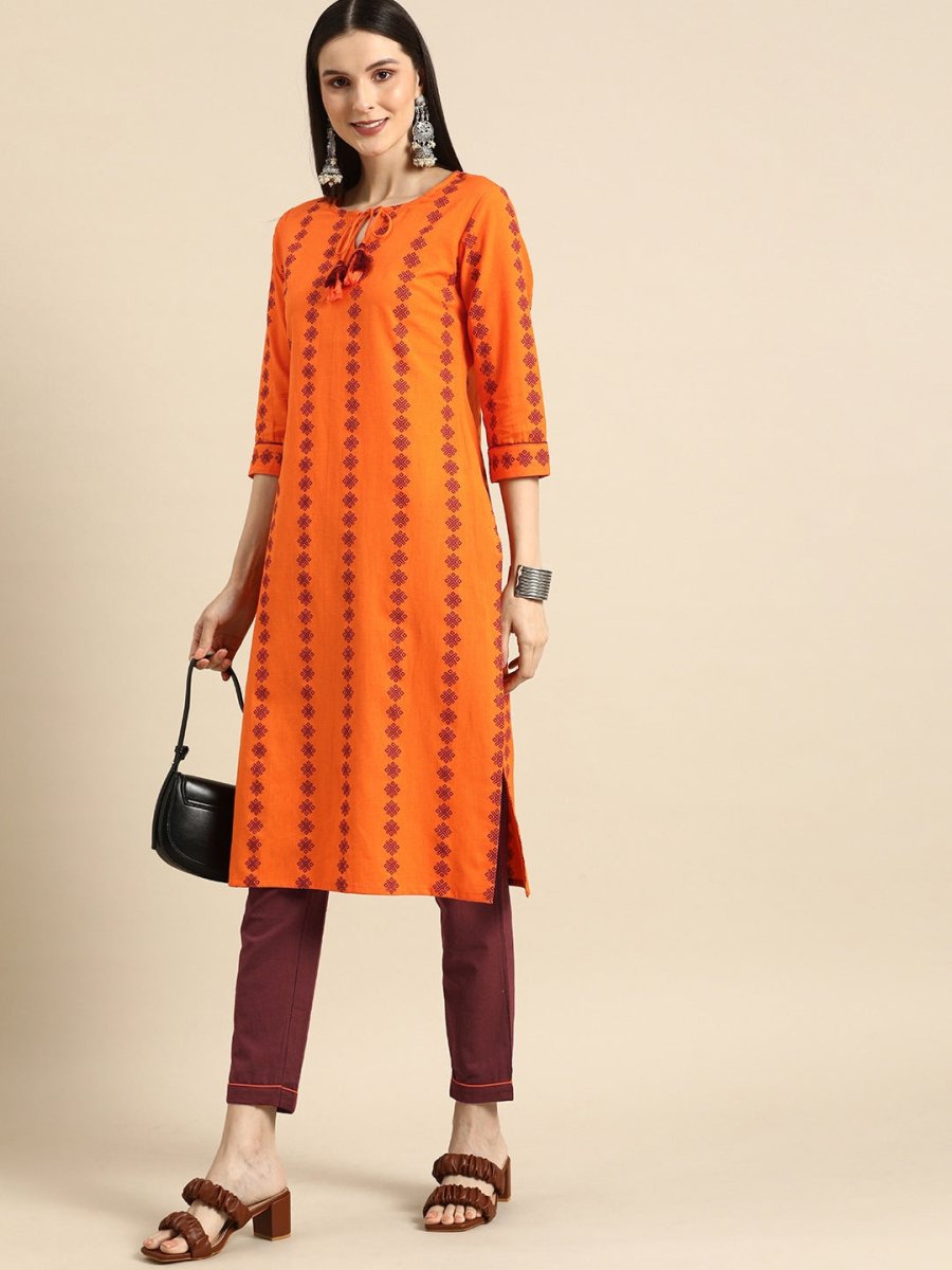 All About You Women Orange Printed Kurta with Maroon Solid Trousers