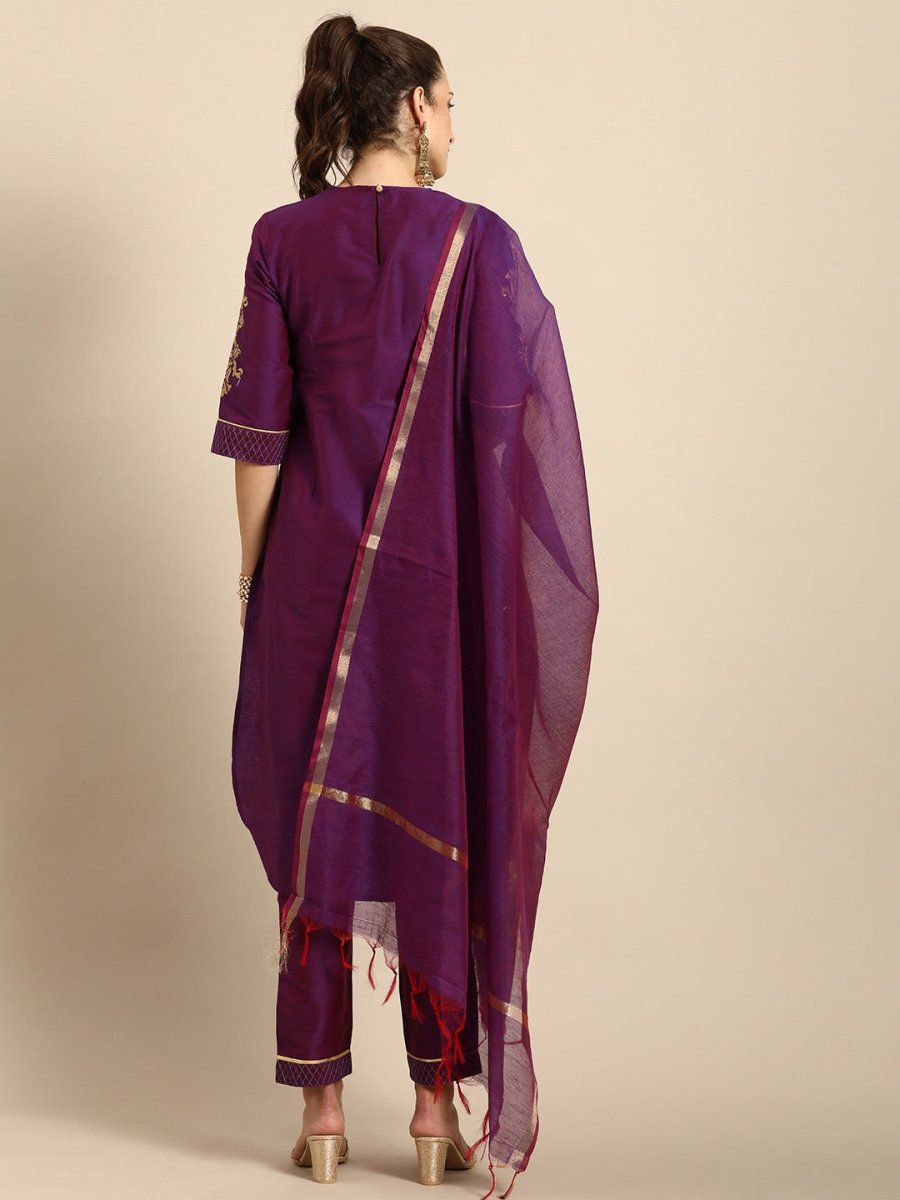 All About You Women Purple Zari Embroidered Regular Kurta with Trousers & Dupatta