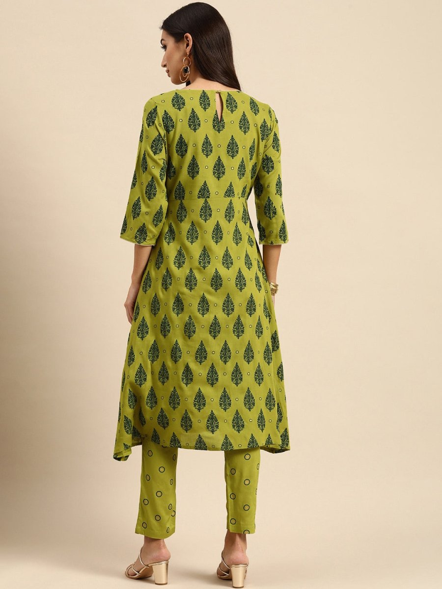 All About You Women Olive Green Ethnic Motifs Printed Empire Kurta with Trousers