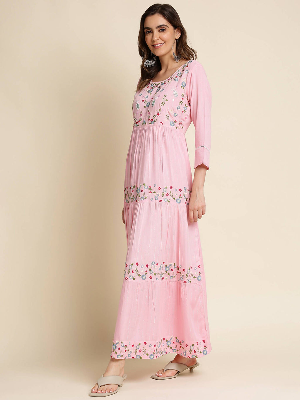 Pink Chinon Floral Embroidered Dress - Nandani
