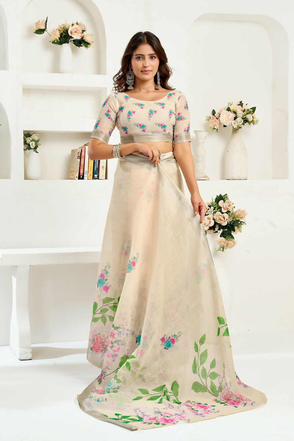 Vastranavya Cream Digital Printed Linen Ready To Wear Designer Saree with Unstitched Blouse