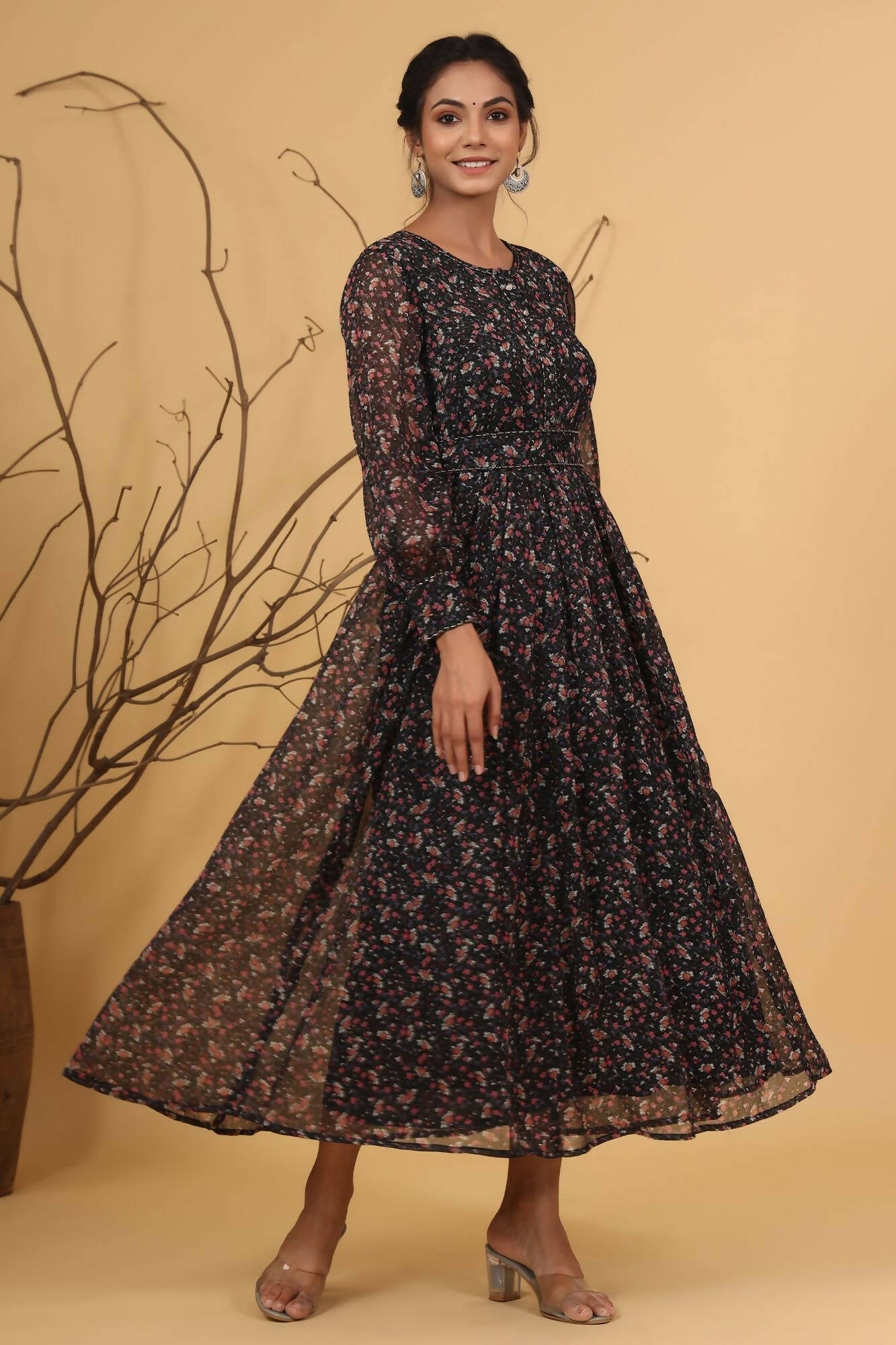 Juniper Women Navy Chiffon Printed Flared Dress