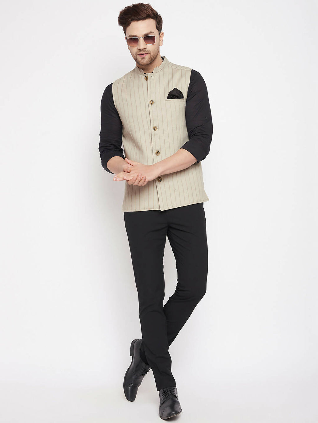 Even Apparels Beige Linen Blend Men Woven Nehru Jacket