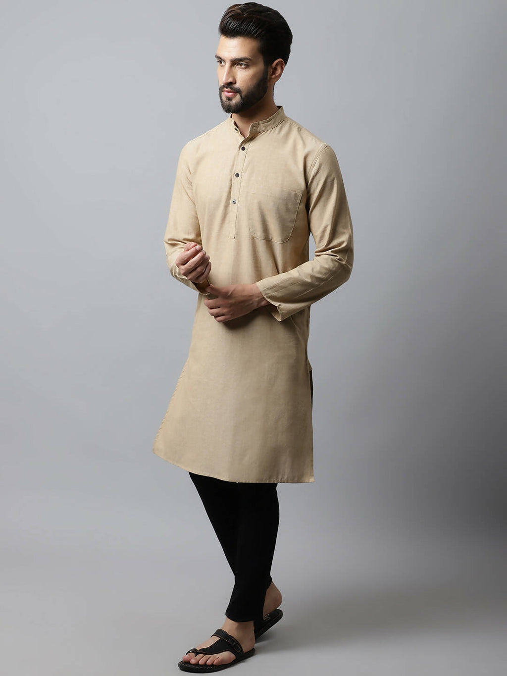 Even Apparels Beige Color Pure Cotton Men's Kurta With Band Collar (SLD1196)