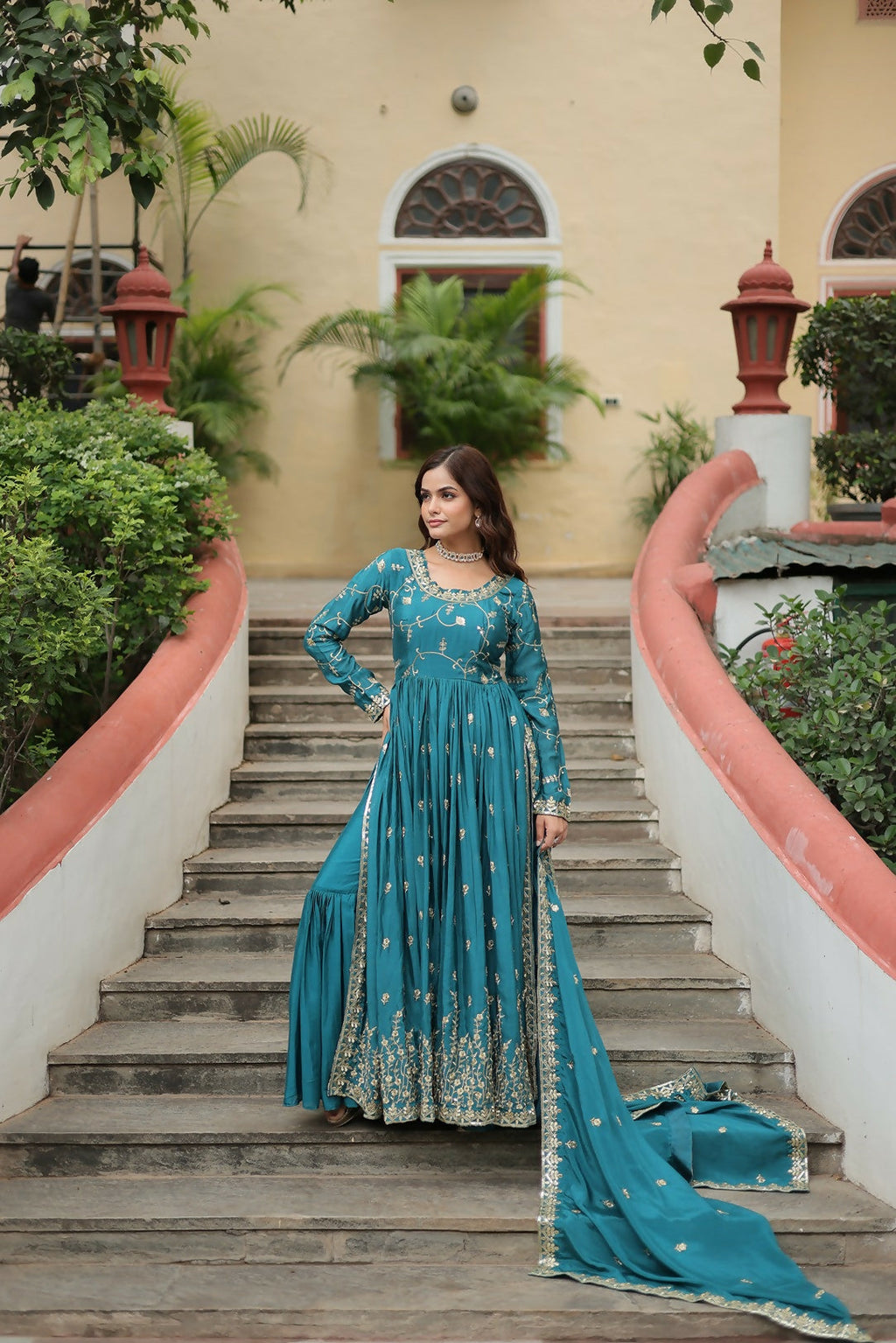 Joban Fashion Blue Chinon Sequence Embroidery Work Kurta Set