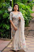 Grey Pure Linen Ethnic Motifs Saree with Unstitched Blouse - Hiral Fashion
