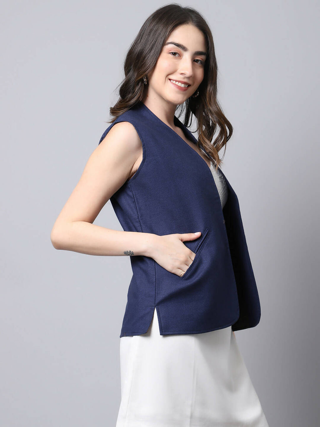 Even Apparels Navy Polywool Open Front Women's Waistcoat