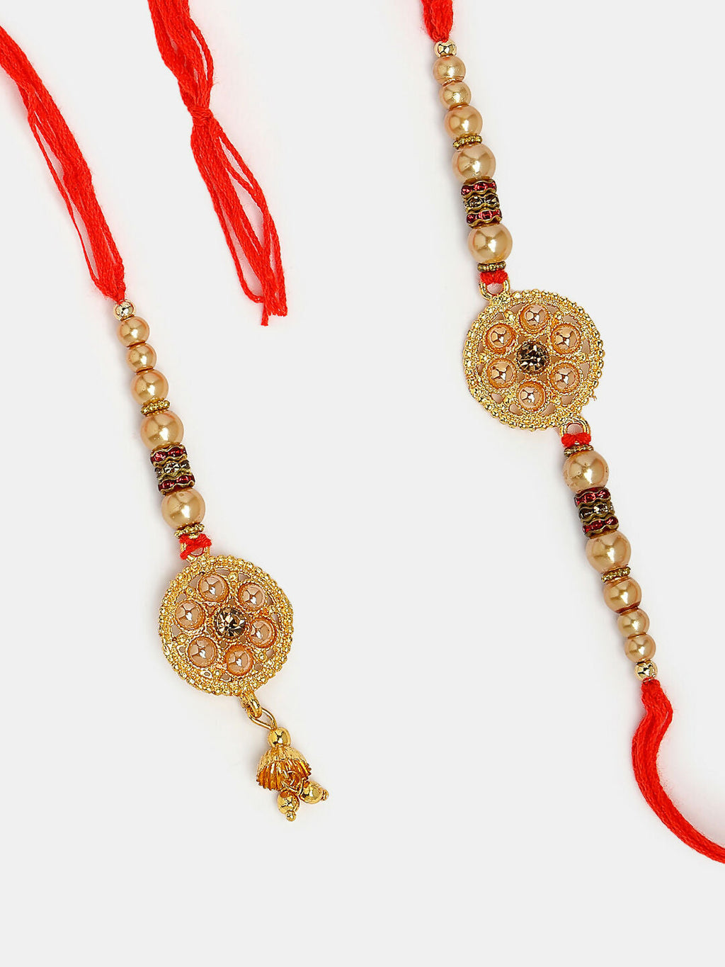 NVR Women & Men Set of 2 Gold-Toned Stone-Studded & Beaded Bhaiya Bhabi Rakhi With Roli Chawal