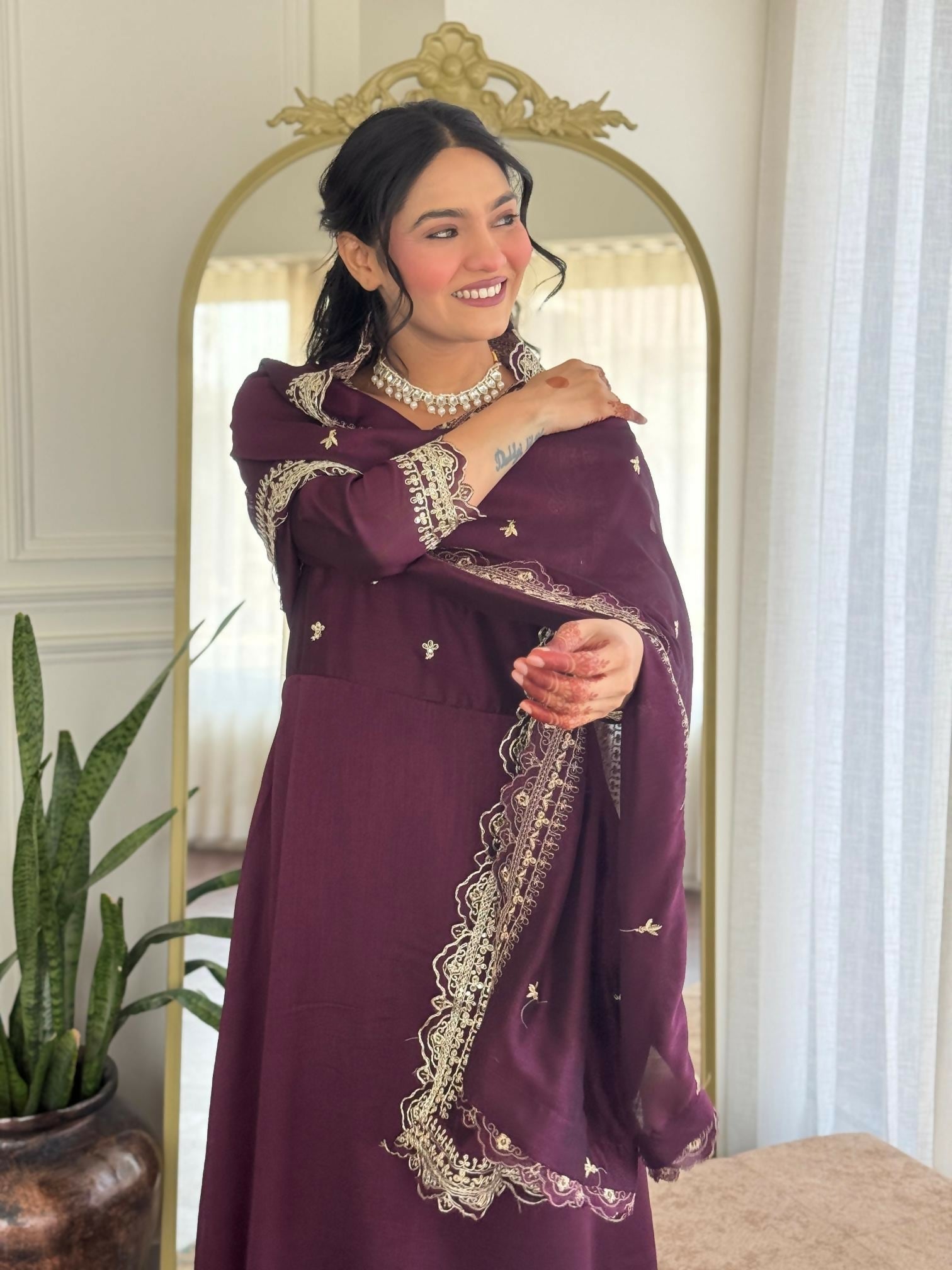 The52 Wine Women's Gorgeous Vichitra Silk Fabric Embroidered Work Flared Anarkali Pant and Dupatta Set