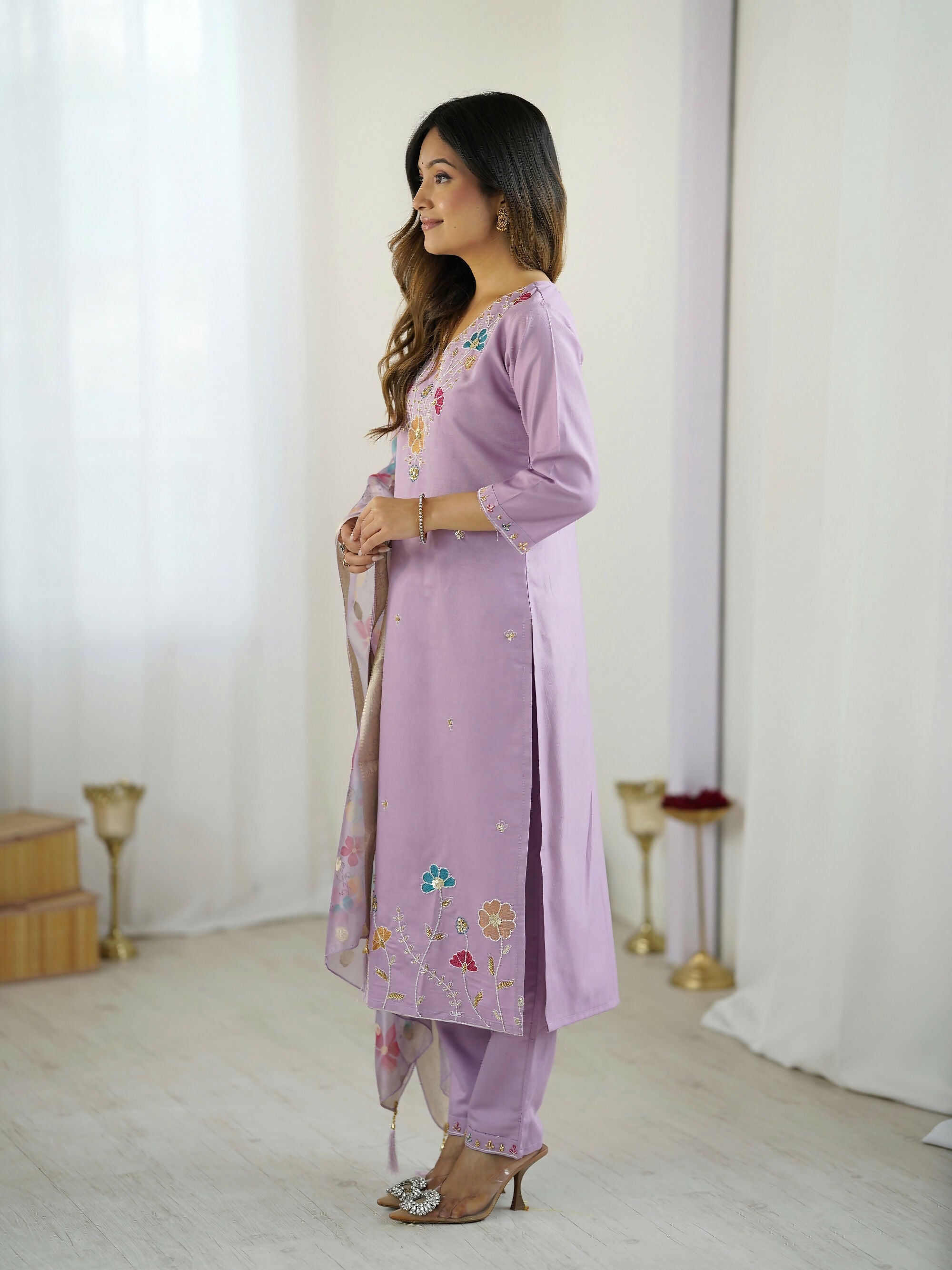 The52 Lavender Women's Gorgeous Embroidered work Viscose Gadhwal Fabric Straight Kurta, Pant and Dupatta Set