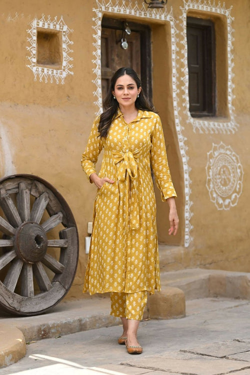 Aayaa Pure Muslin printed Kurti & Pant - Mustard yellow