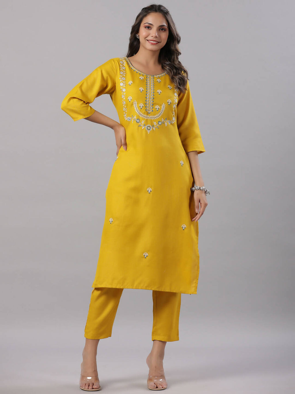 Juniper Women's Mustard Silk Zari Embroidered Kurta Pant Dupatta Set