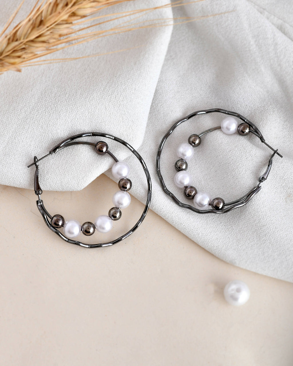 VOJ Women Rhodium-Plated Pearl Stainless Steel Hoop Earrings