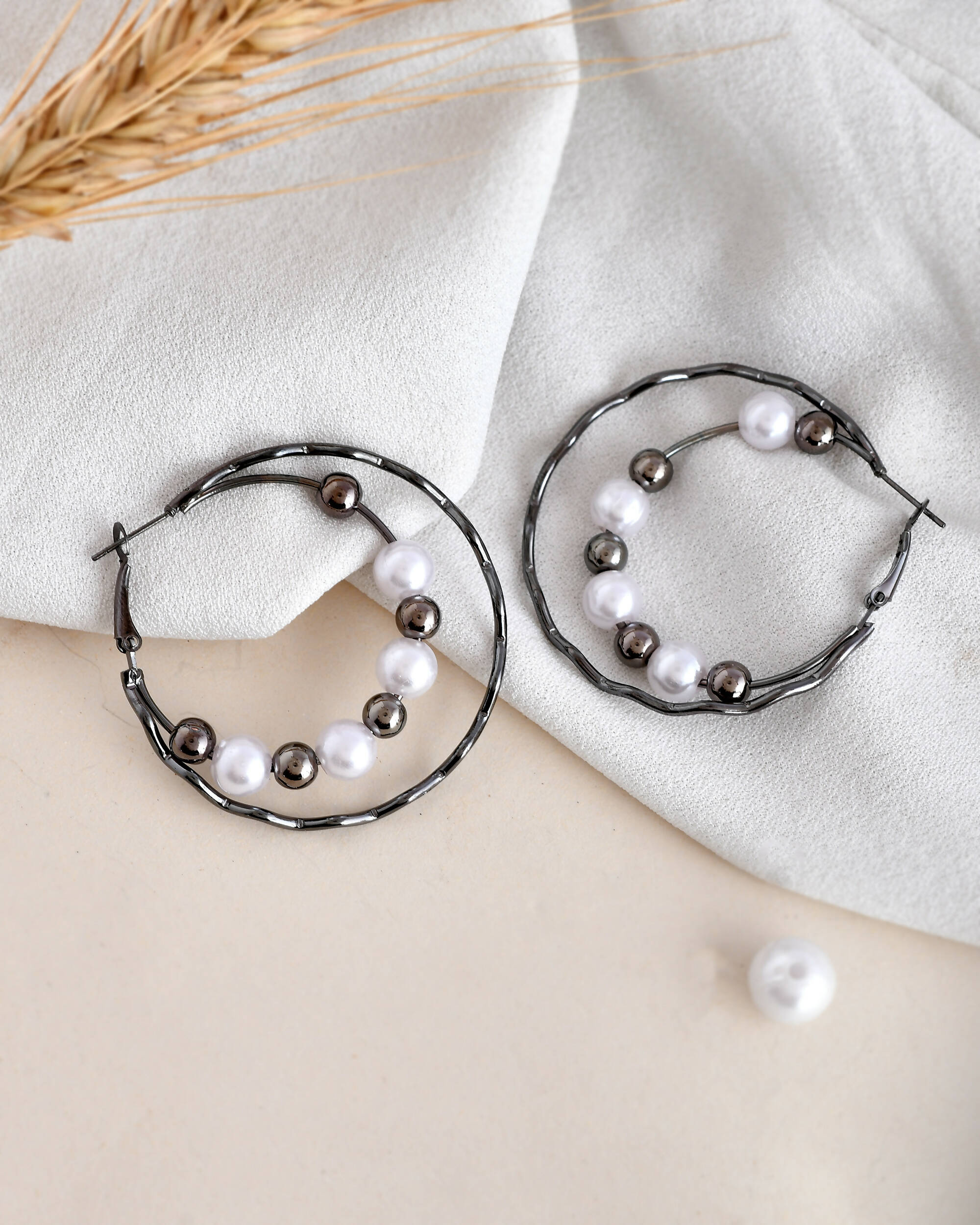 VOJ Women Rhodium-Plated Pearl Stainless Steel Hoop Earrings