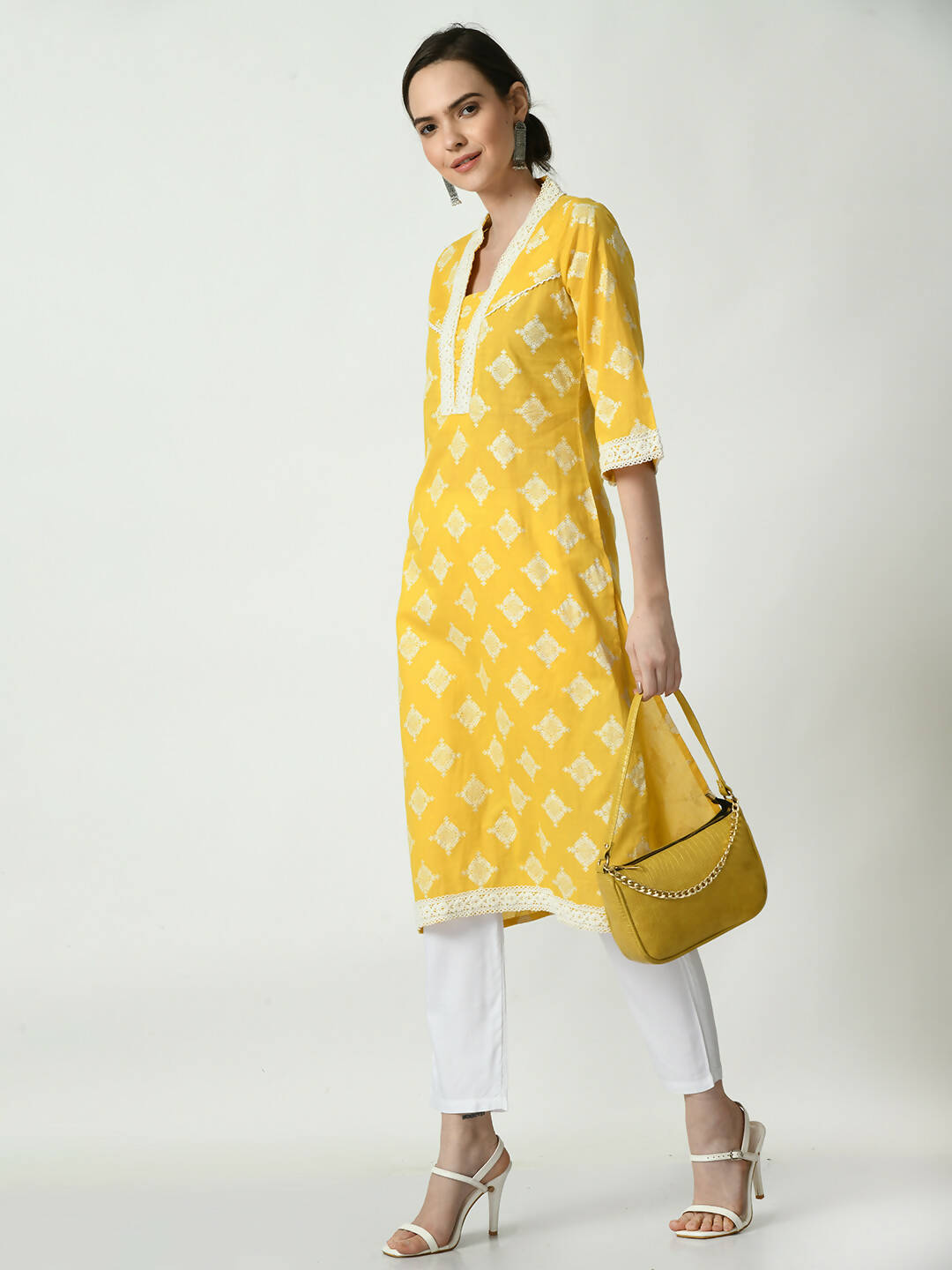 Myshka Women's Yellow Straight Printed Kurta