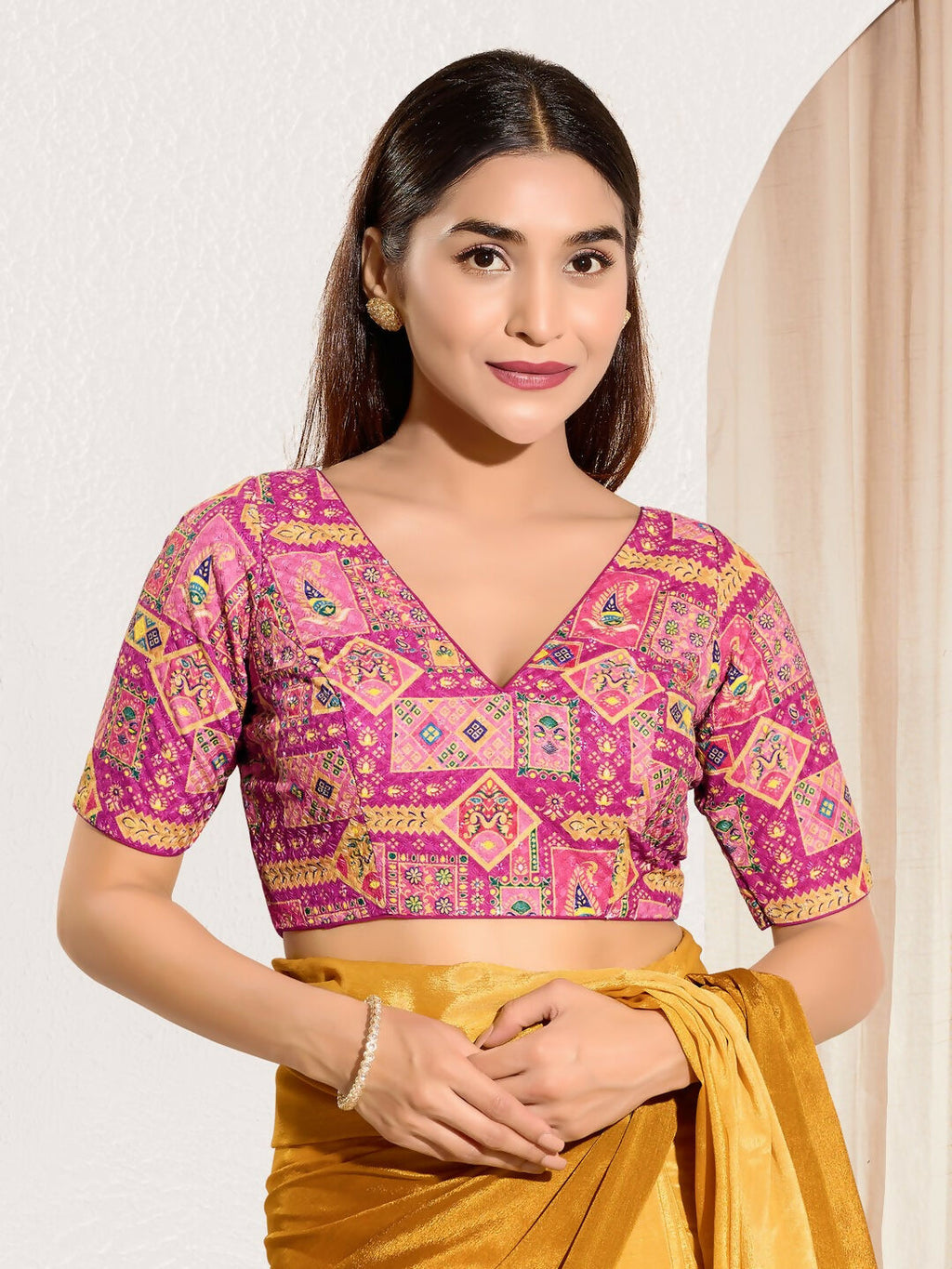 Joban Fashion Pink Viscose Rayon Padded Blouse With V Neck Elbow Sleeves