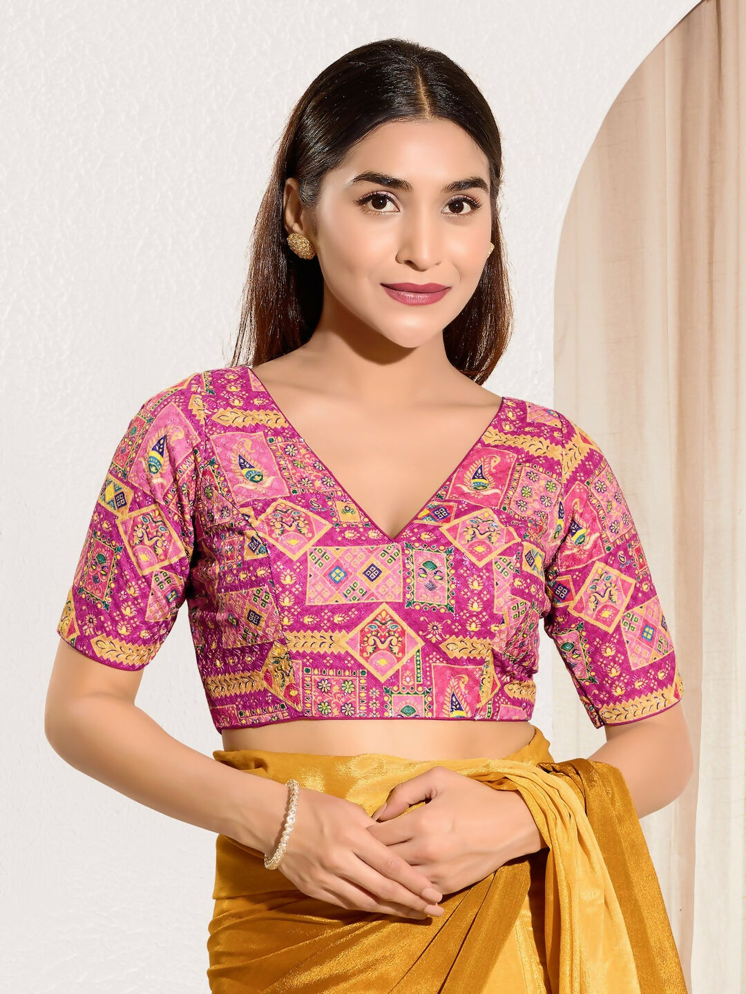 Joban Fashion Pink Viscose Rayon Padded Blouse With V Neck Elbow Sleeves