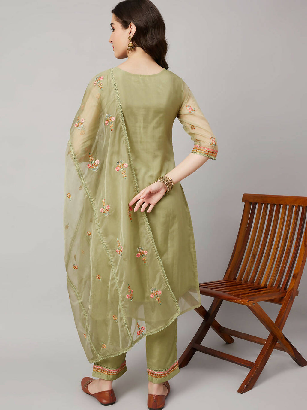 Green Organza Embroidered Kurta with Bottom & Dupatta - Salimar
