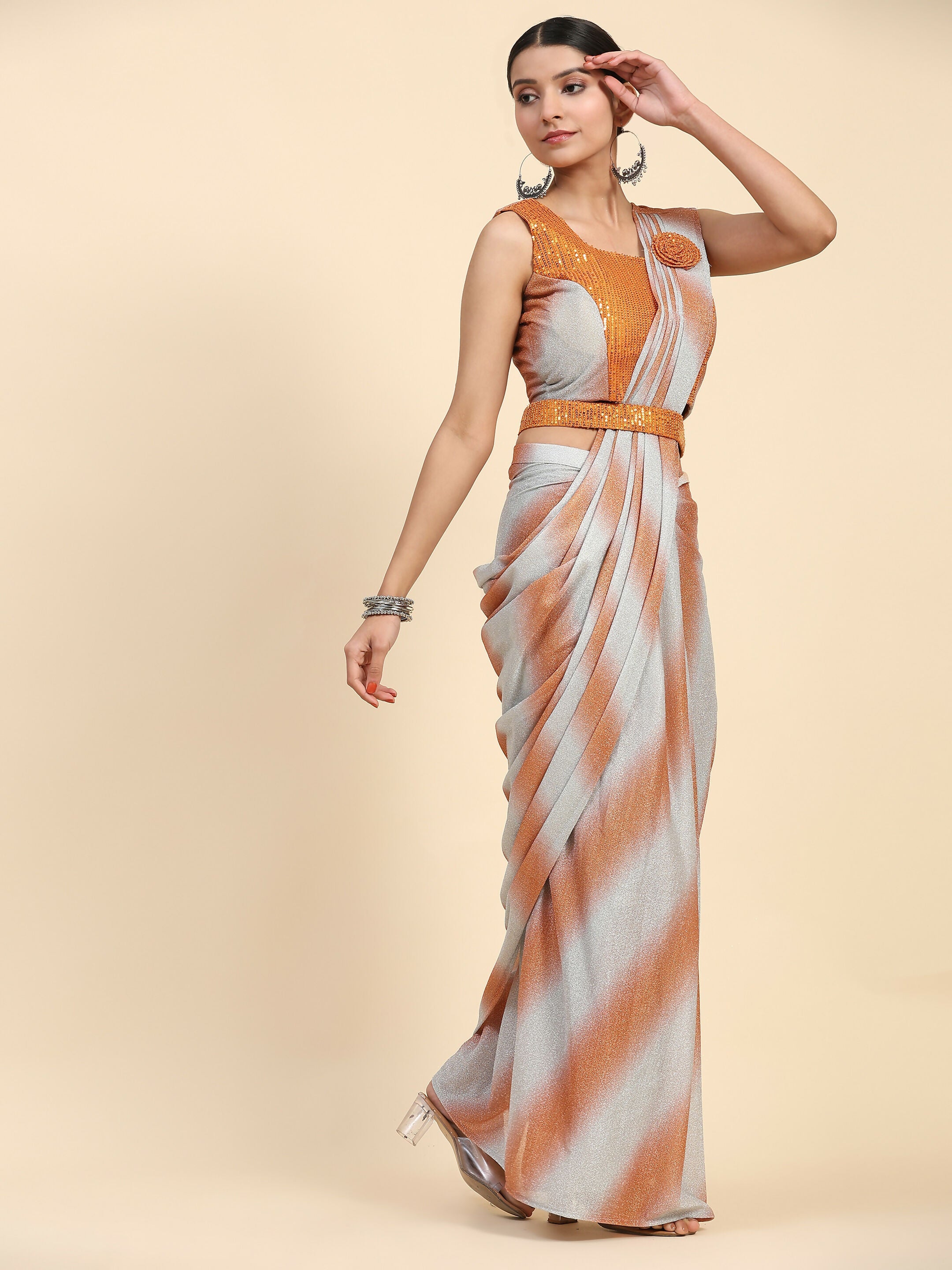 Orange Polyester Solid Ready to Wear Saree with stitched Blouse - Aayan