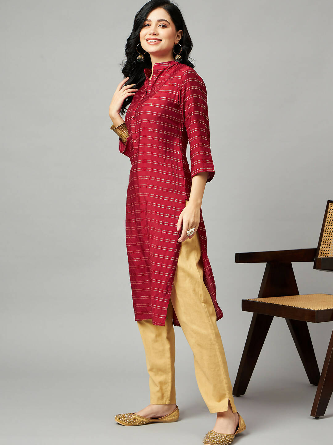 Red Poly Cotton Texture Straight Kurta - Sabella