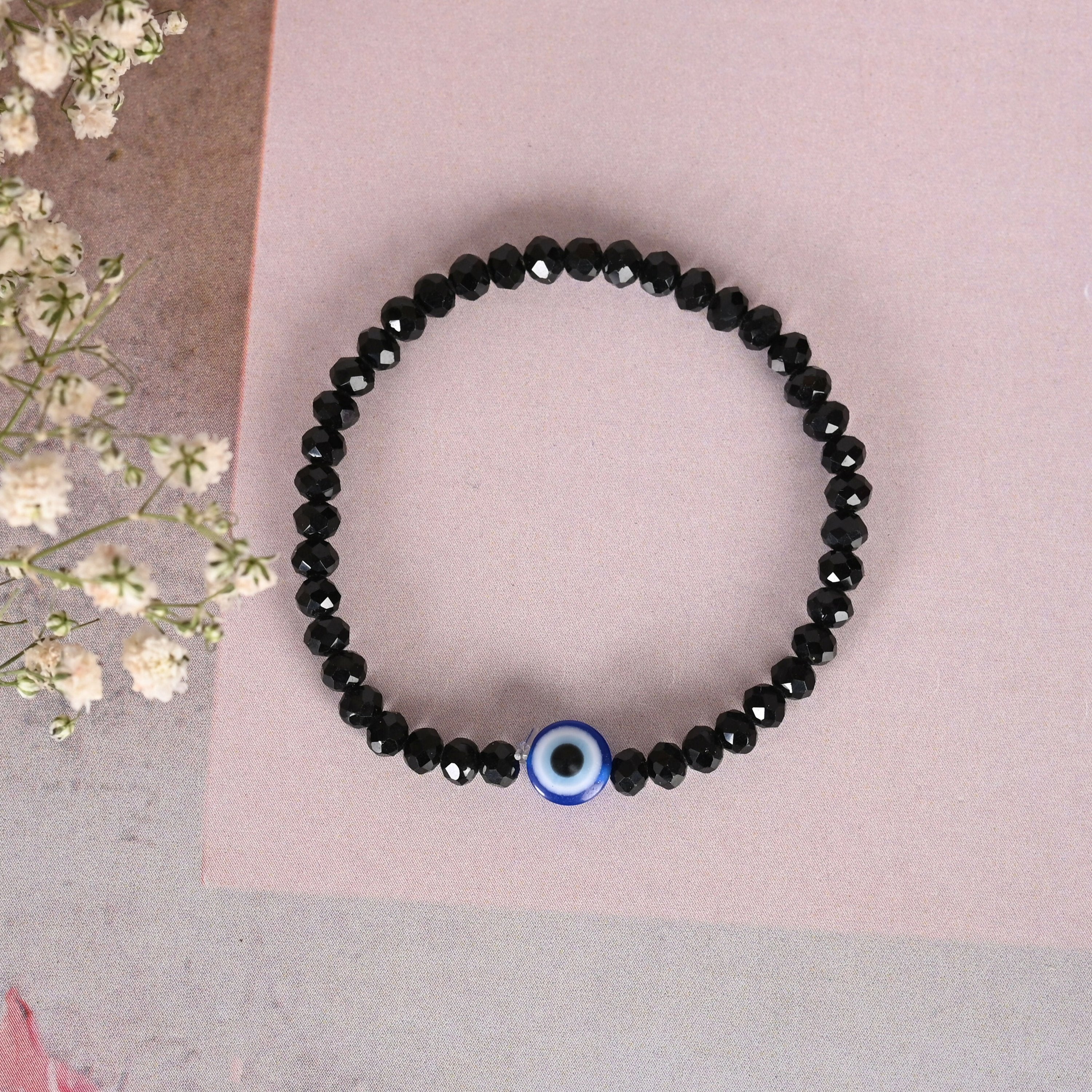 NVR Men & Women Black Evil Eye Crystal Elasticated Bracelet