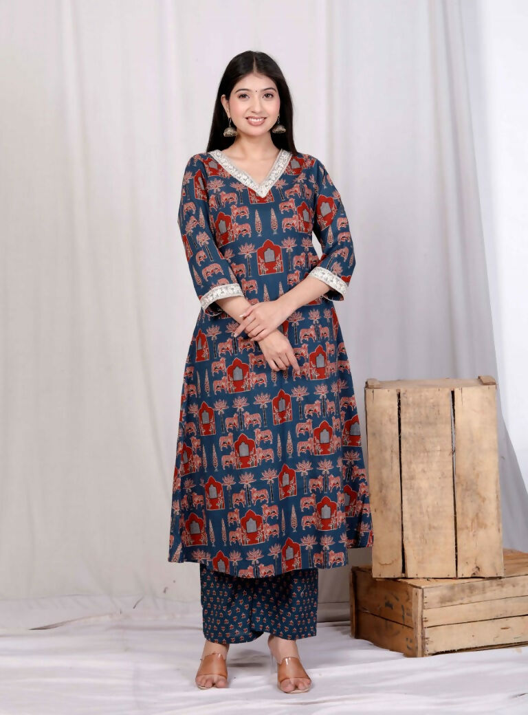 Miravan Women's Blue Pure Cotton Animal Printed Zari Lace Work Anarkali Kurta And Palazzo Set