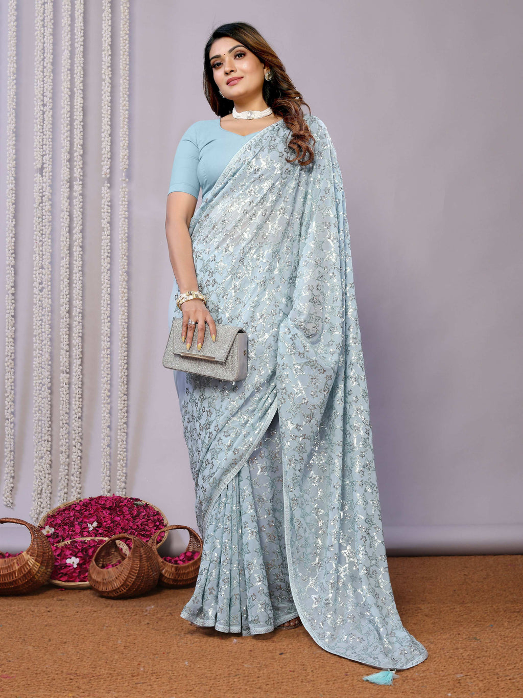 Sky Blue Pure Georgette Embroidered Saree With Stitched Blouse - Nimaya Kaksha