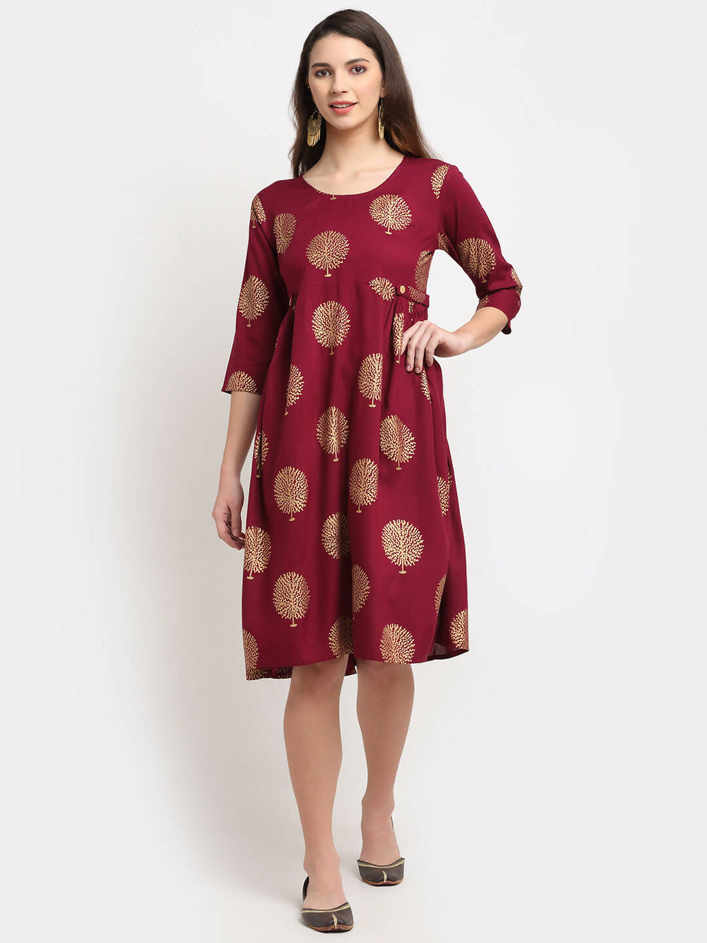 Rudra Bazaar Gold Boota Printed Wine Kurti