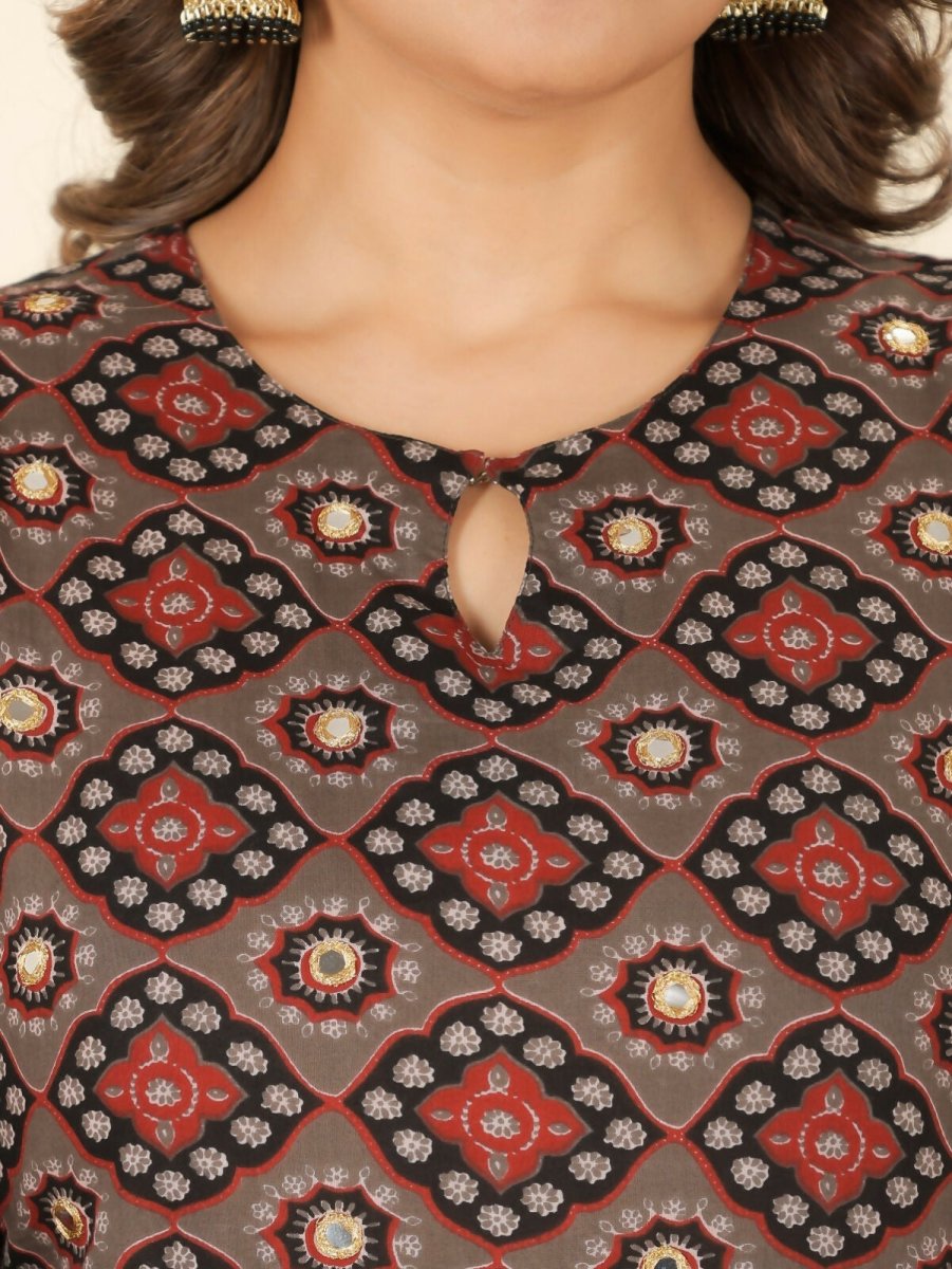 Aramya Brown Soft Cotton Geometric Print Straight Kurta Sharara Set for Women