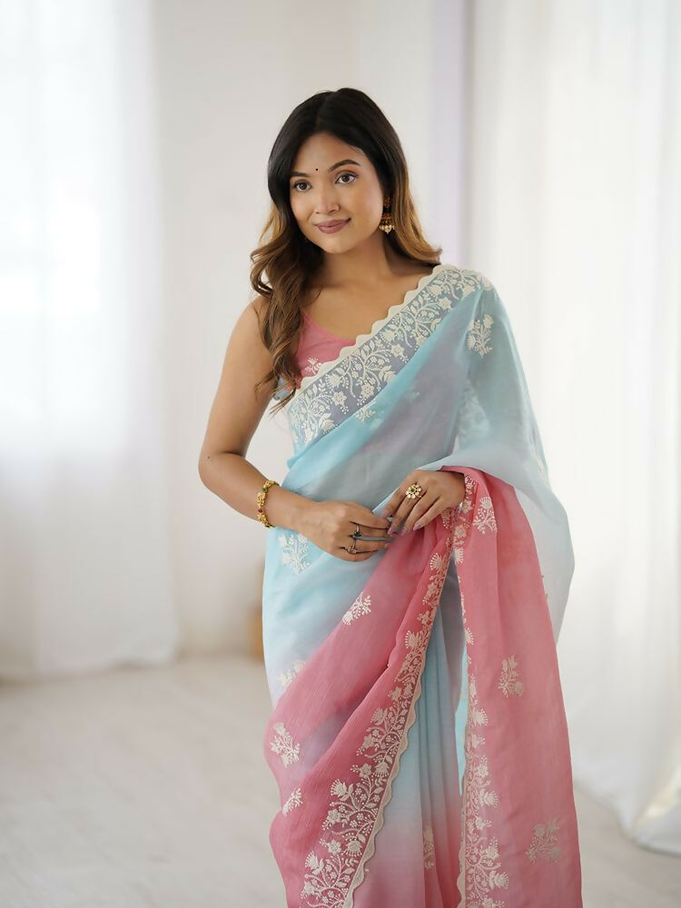 Rust Crunchy Silk Embroidery Work Party Wear Saree - Lakshita