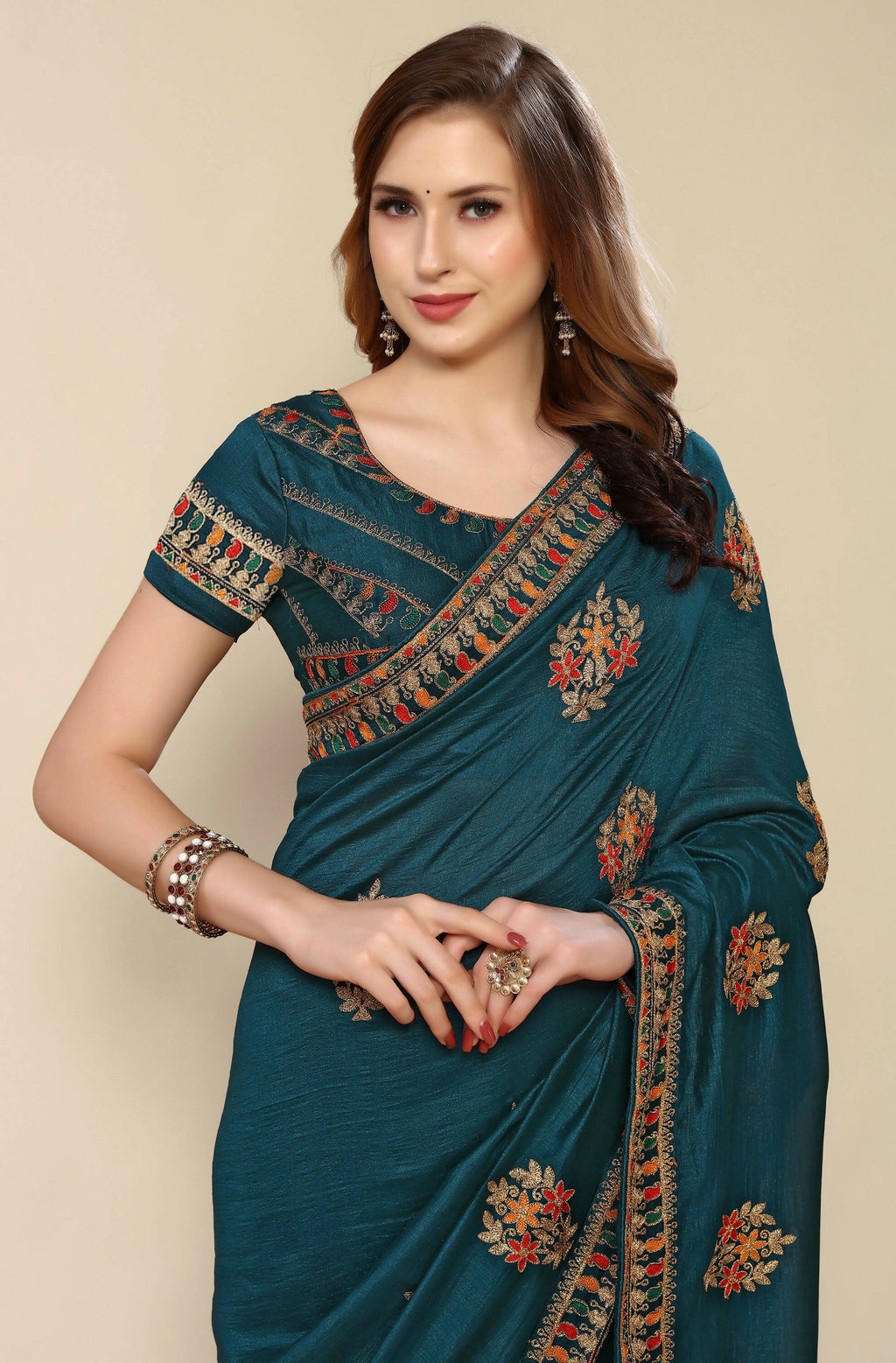 Teal Chinon Embroidered Saree with Unstitched Blouse Piece - Roozal