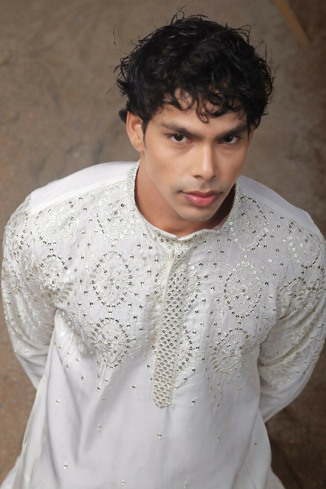 White Greek Satin Heavy Embroidery Work Kurta Set - Mahotsav