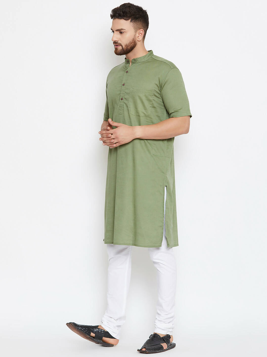 Even Apparels Green Color Pure Cotton Men's Kurta With Band Collar