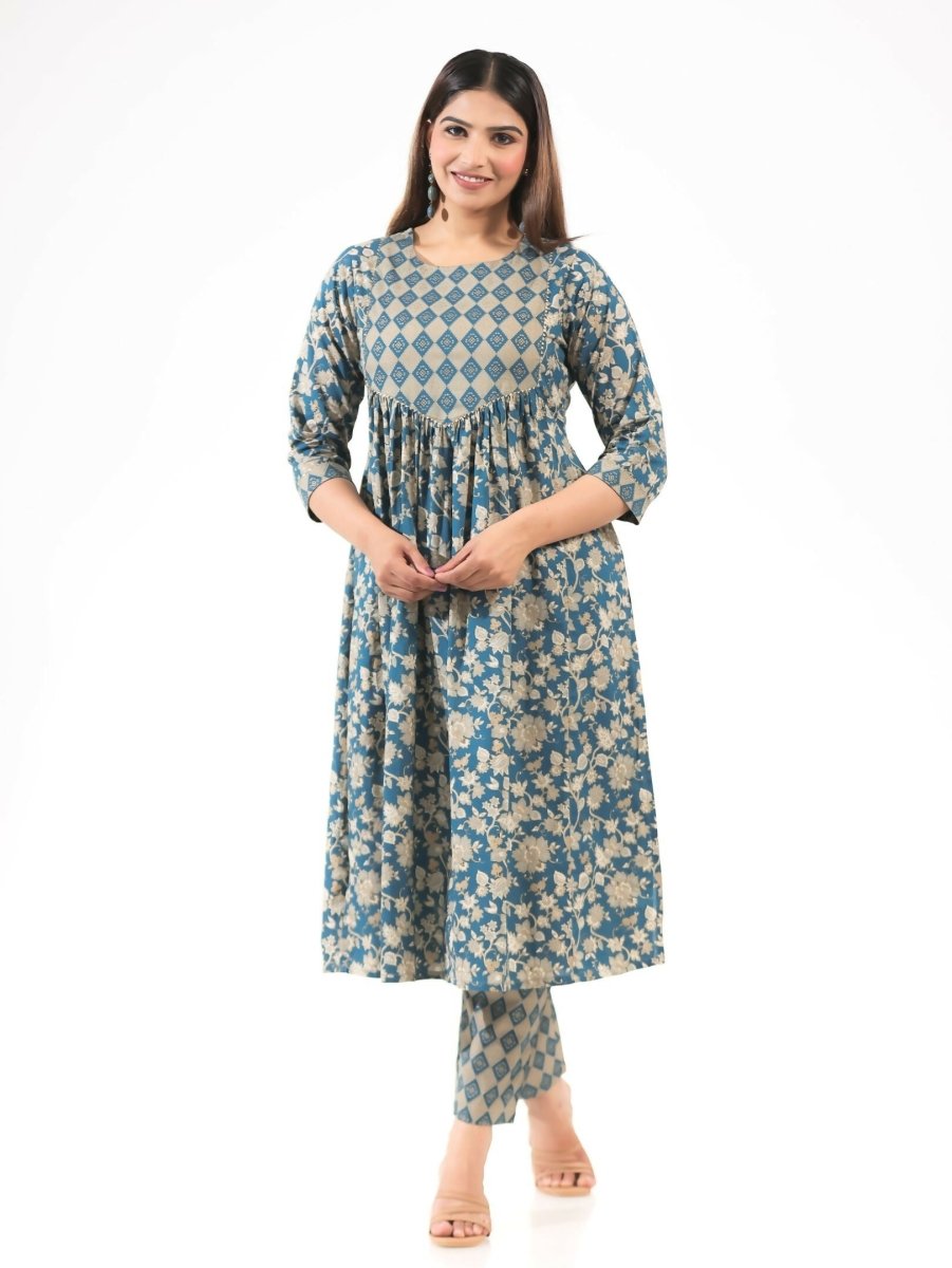 Aramya Blue Soft Cotton Gold foil Print A-line Kurta Set for Women