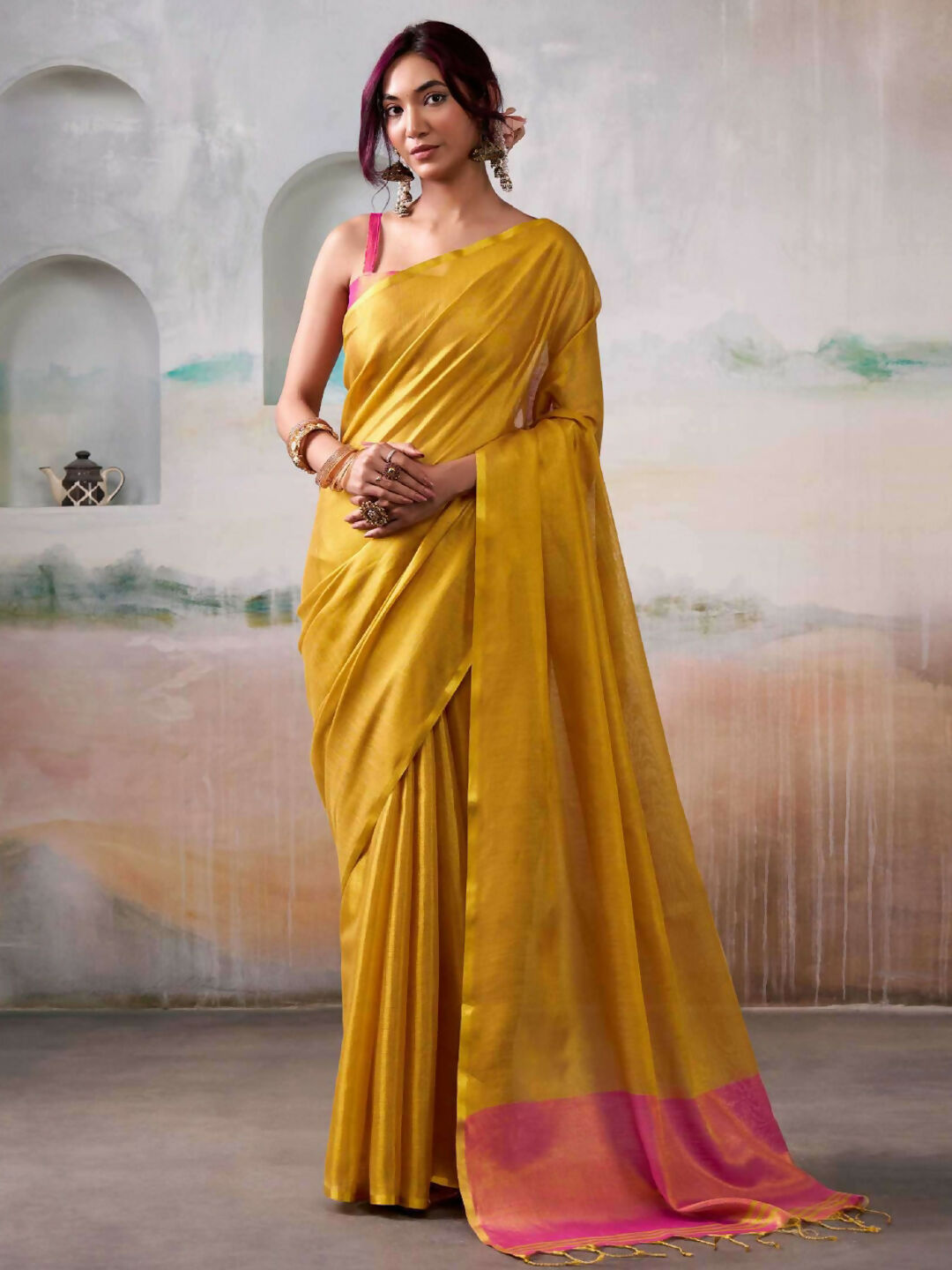 Shree Shyam Fashion Tissue Silk Yellow Saree