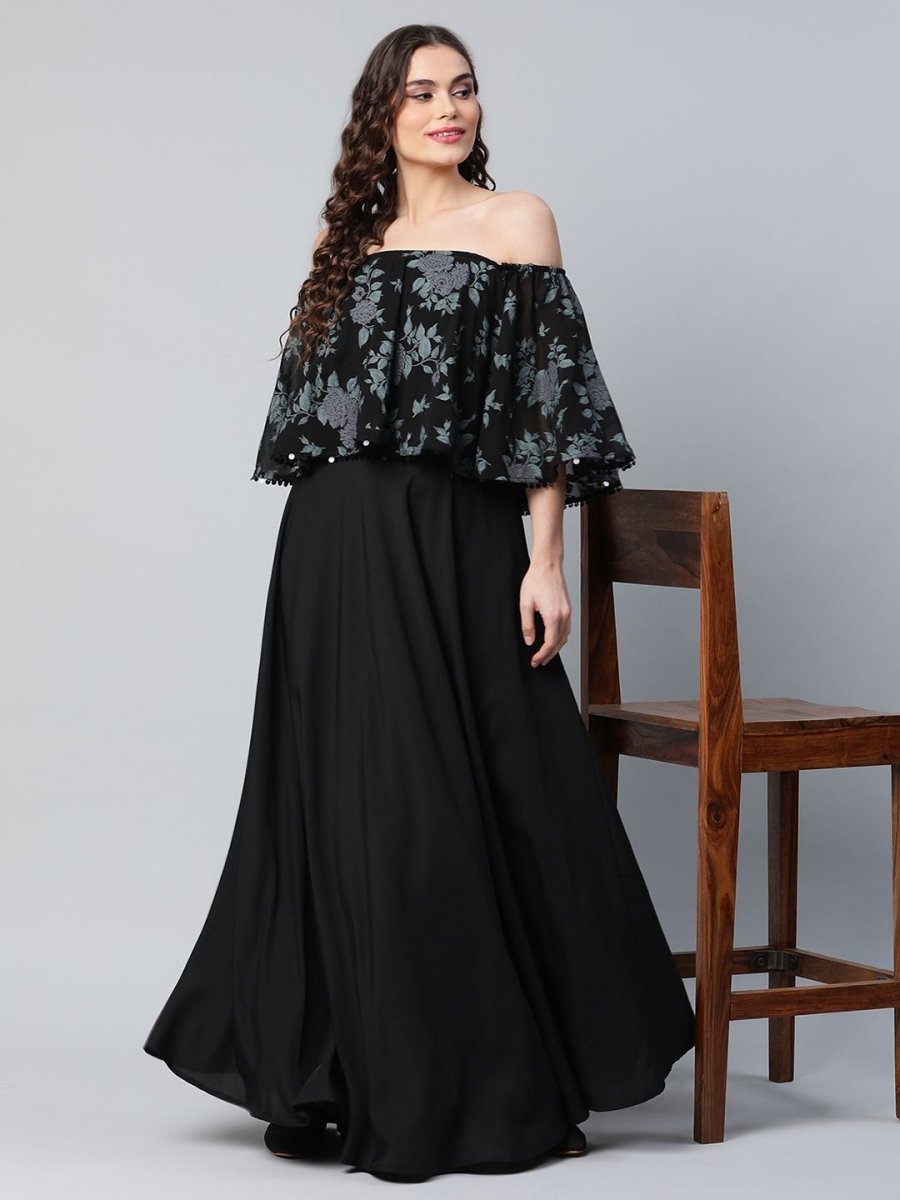 Ahalyaa Women Crepe Printed Black Dress