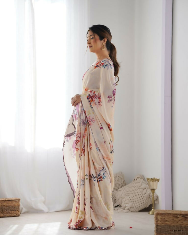 Peach Chinon Designer Digital Printed & Mirror Cut Work Saree - Kriti