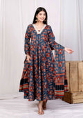 Miravan Women's Pure Cotton Blue Zari Lace Anarkali Kurta with Printed Dupatta Set