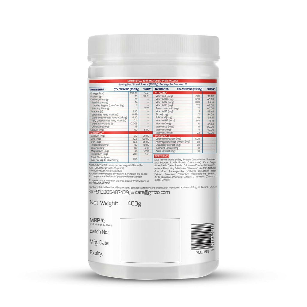 Gritzo Supermilk Height+ Health Drink For 13+Y Girls - Double Chocolate
