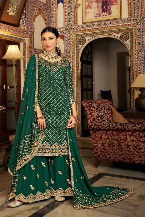 Green Heavy Chinon Semi Stitched Kurta with Bottom & Dupatta - Dhvani