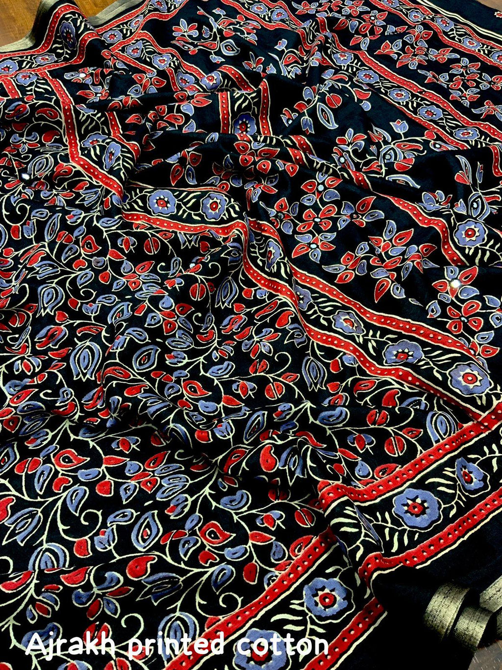 Black Cotton Blend Ajrak Saree with Unstitched Blouse - Hiral Fashion
