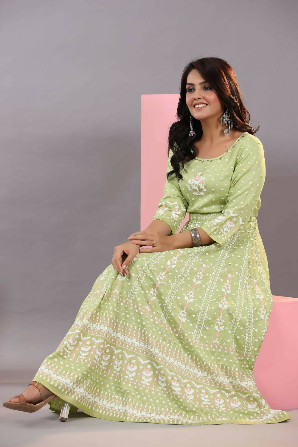 Juniper Women Green Rayon Staple Printed Maxi Dress